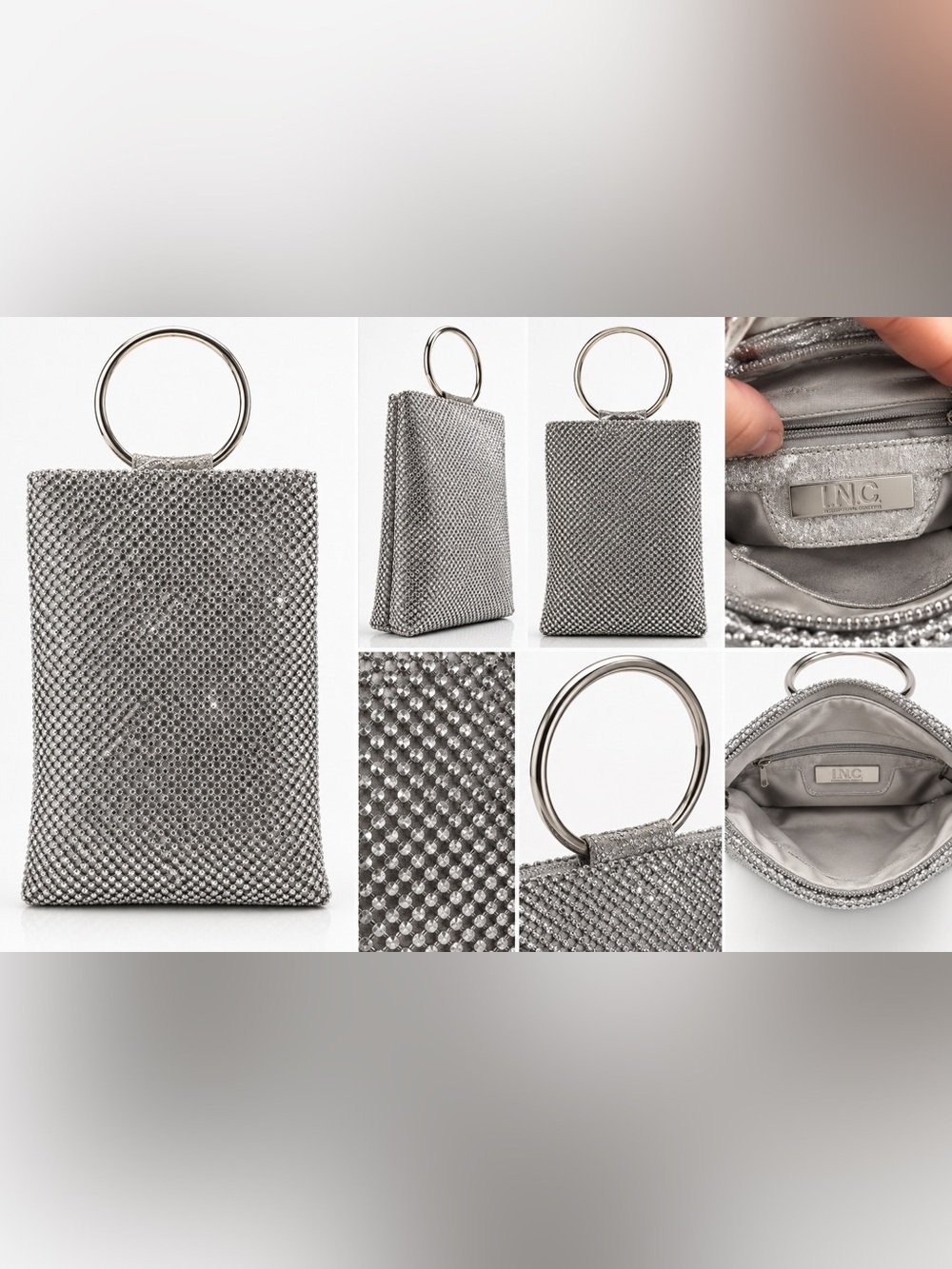 INC International Concepts Silver Rhinestone Ring-Handle Evening Clutch